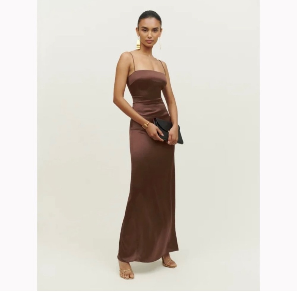 Reformation Frankie Silk Dress in Cafe Brown Sleeveless Maxi